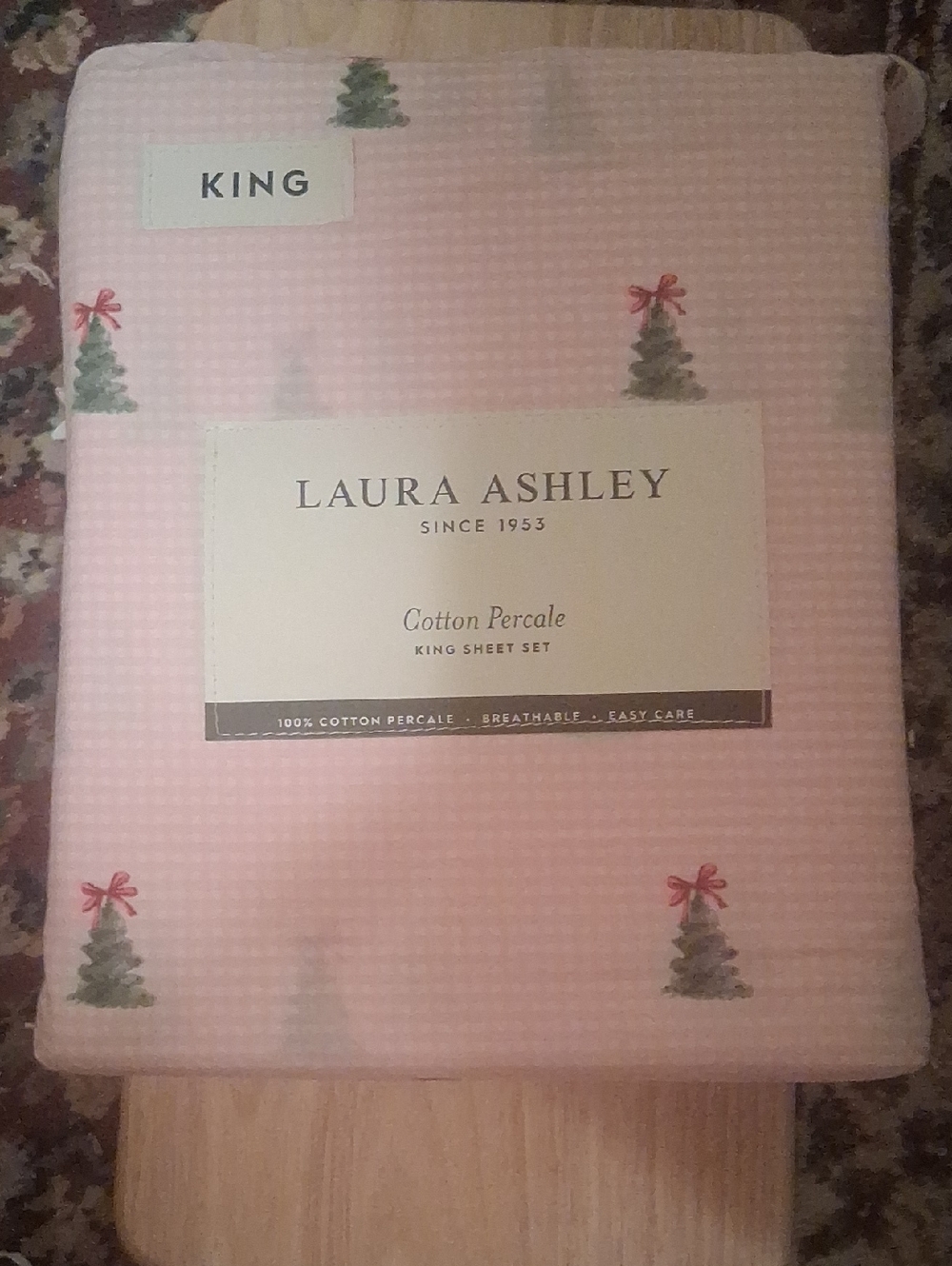 Laura Ashley Pink Cotton Percale King Sheet Set with Green Tree Accents